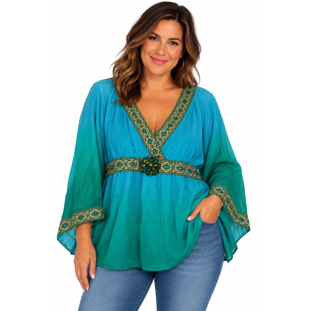 DG2 Diane Gilman Ombre Tunic Top Turquoise Green Embellished Kimono Sleeve L